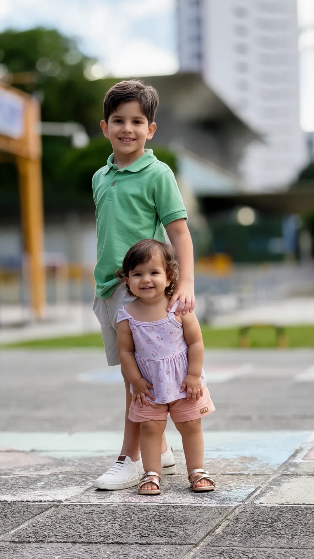 Foto de um menino de camisa verde com a mão no ombro da irmã pequena, os dois sorrindo